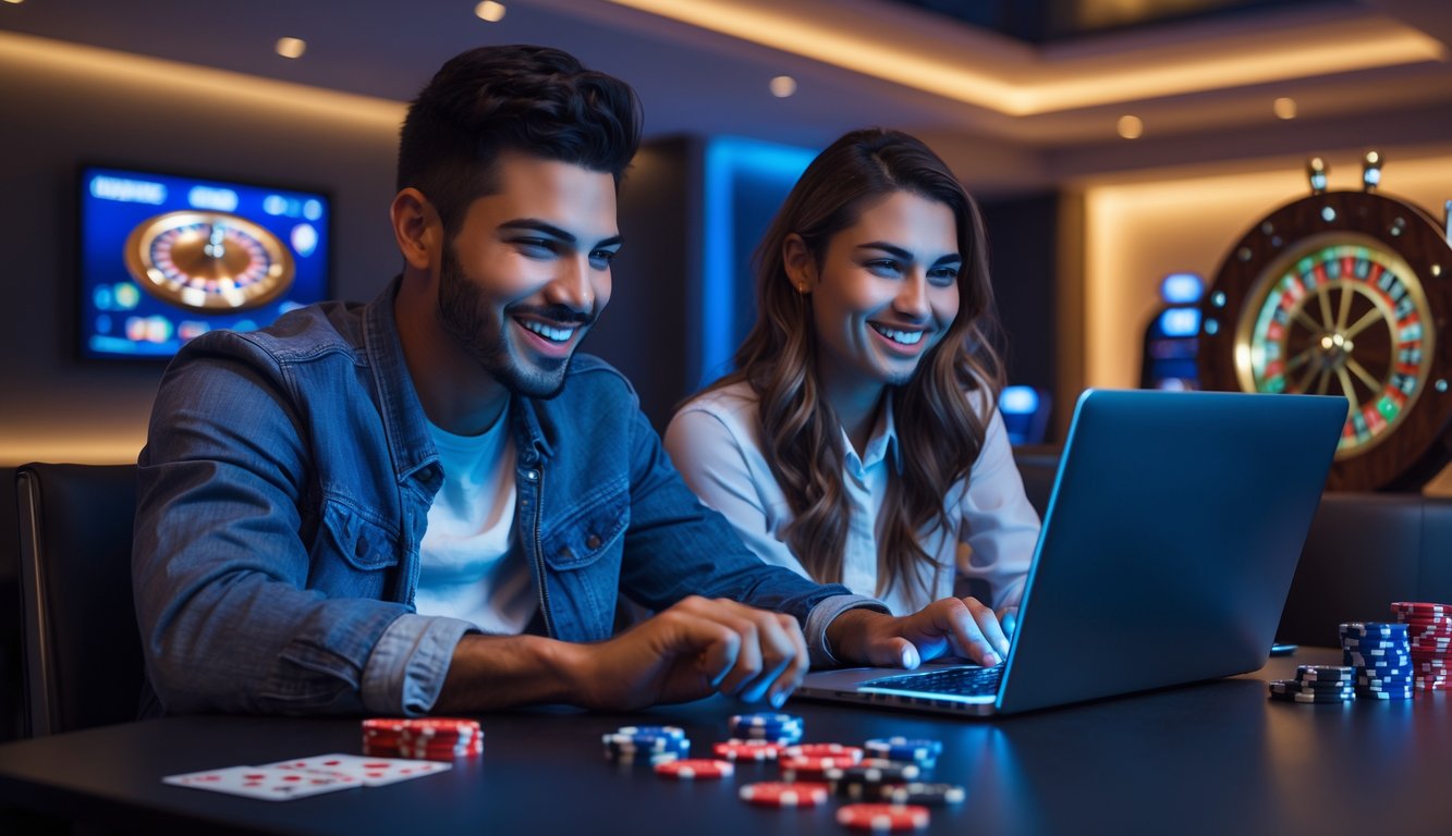 Dua orang dewasa duduk di meja modern bermain game kasino langsung secara online menggunakan laptop dengan suasana ruangan yang nyaman dan dekorasi bertema kasino.