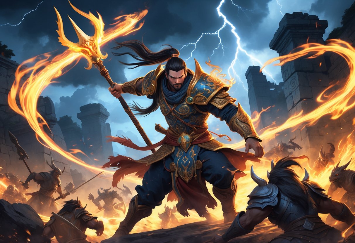 Seorang pahlawan bersenjata tombak api dikelilingi energi mistis dan makhluk mitos dalam medan pertempuran yang dramatis dengan langit badai dan reruntuhan kuno.