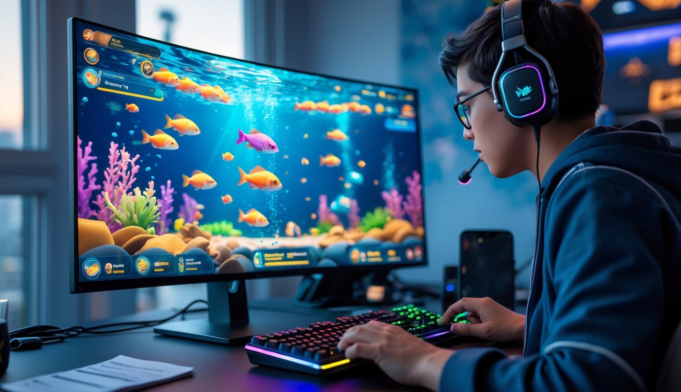 Seseorang sedang fokus bermain game tembak ikan online di depan komputer dengan layar menampilkan animasi ikan berwarna-warni.