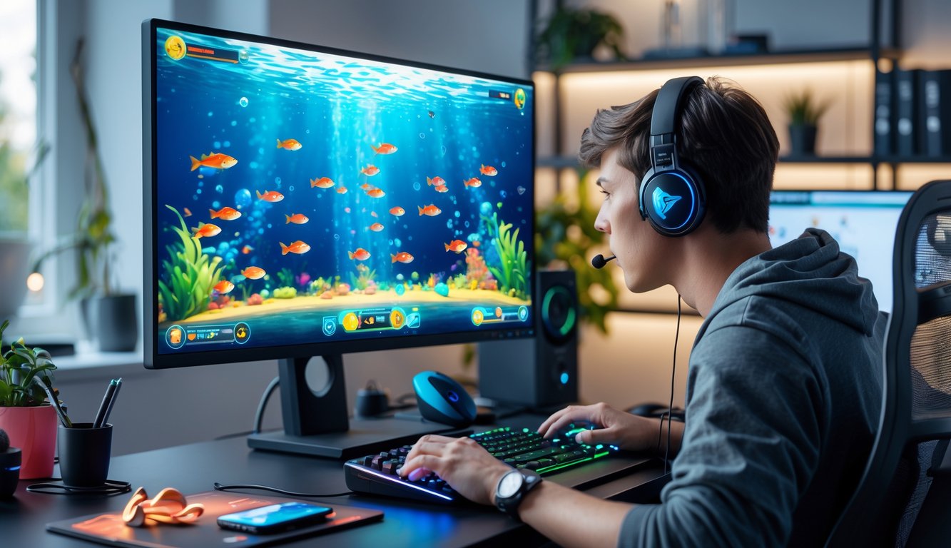 Seorang pemuda duduk di depan komputer dengan layar menampilkan permainan tembak ikan online, di meja terdapat aksesori gaming dan latar belakang ruangan rumah.