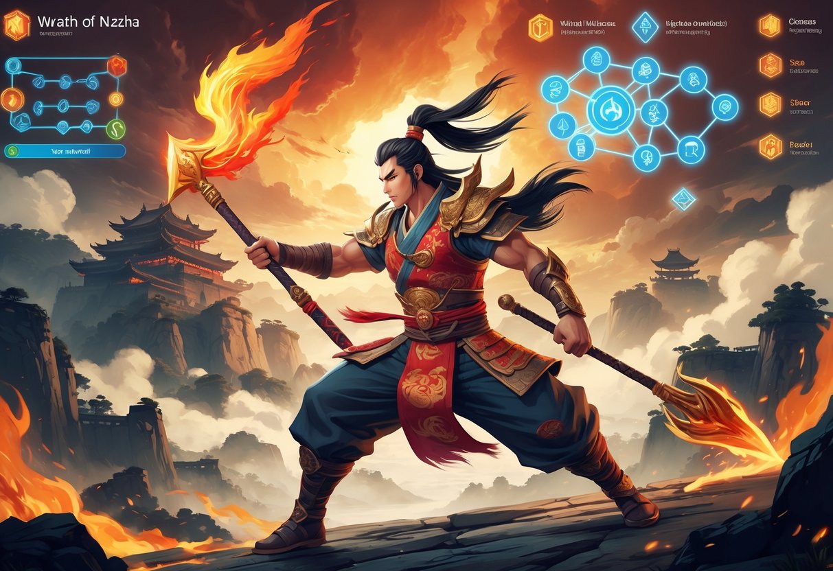 Nezha sedang beraksi dengan senjata ikonik di latar belakang pemandangan Cina kuno yang mistis, dikelilingi oleh elemen-elemen yang menggambarkan strategi dan fitur permainan.