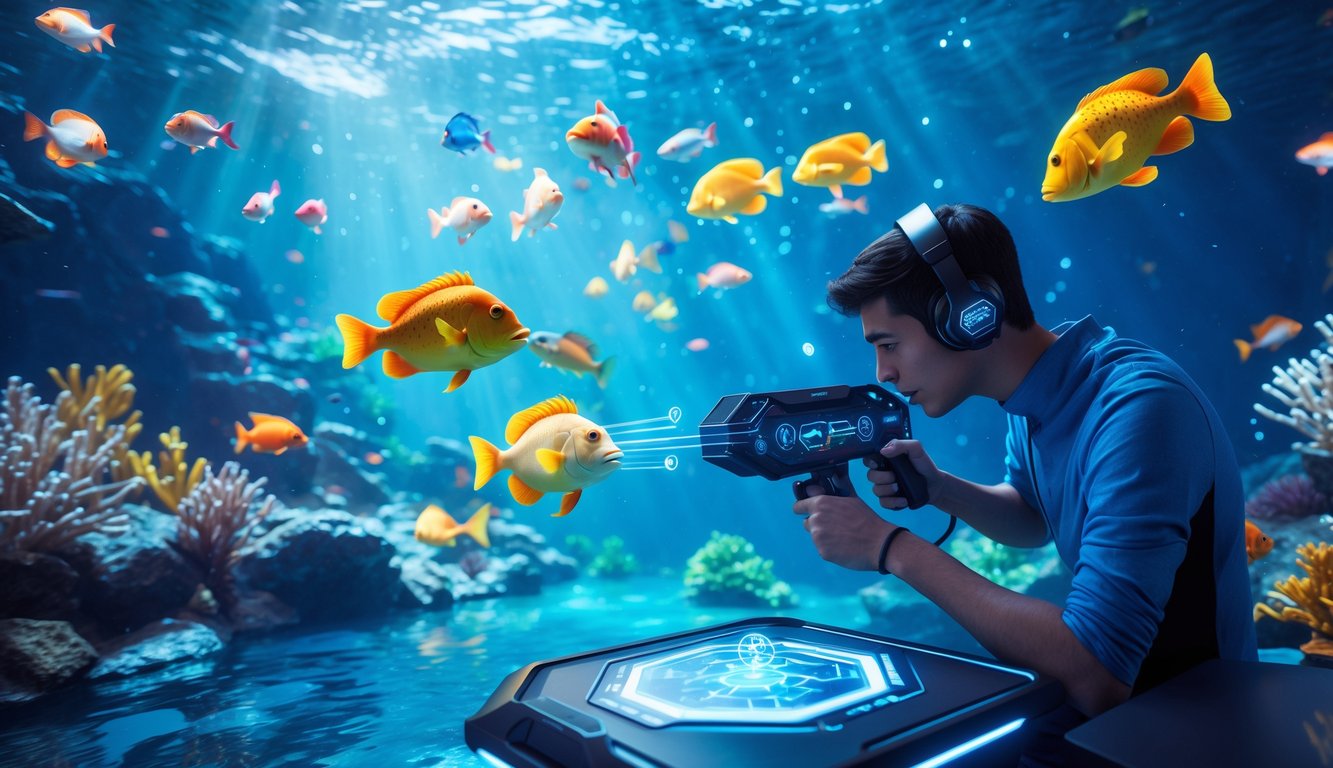 Seorang pemain fokus menggunakan konsol permainan di lingkungan bawah laut dengan ikan berwarna-warni dan terumbu karang.