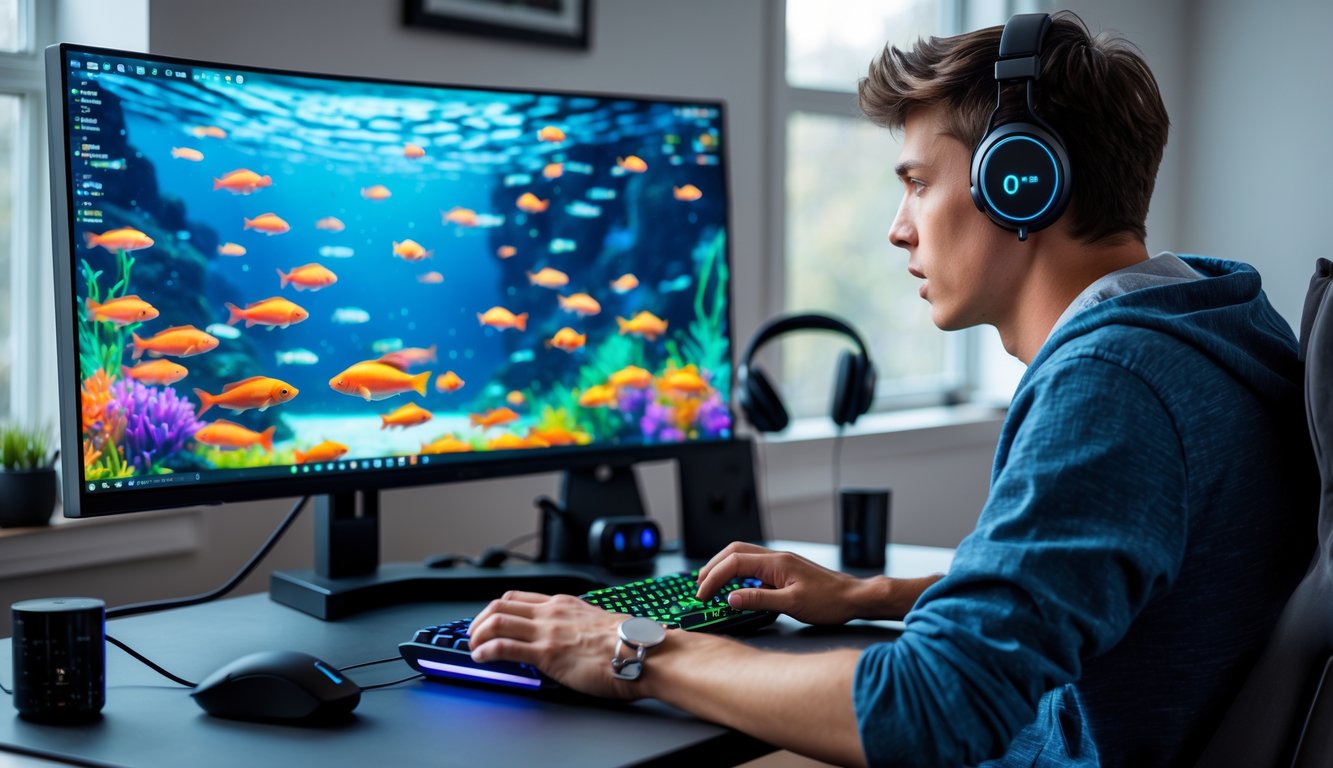 Seorang pria muda fokus bermain permainan tembak ikan online di depan komputer dengan layar menampilkan ikan warna-warni.