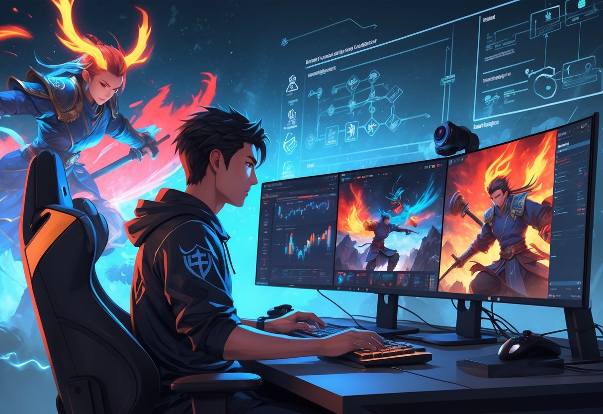 Seorang gamer fokus bermain game Wrath of Nezha di depan komputer dengan adegan pertempuran karakter Nezha dan elemen strategi di latar belakang.