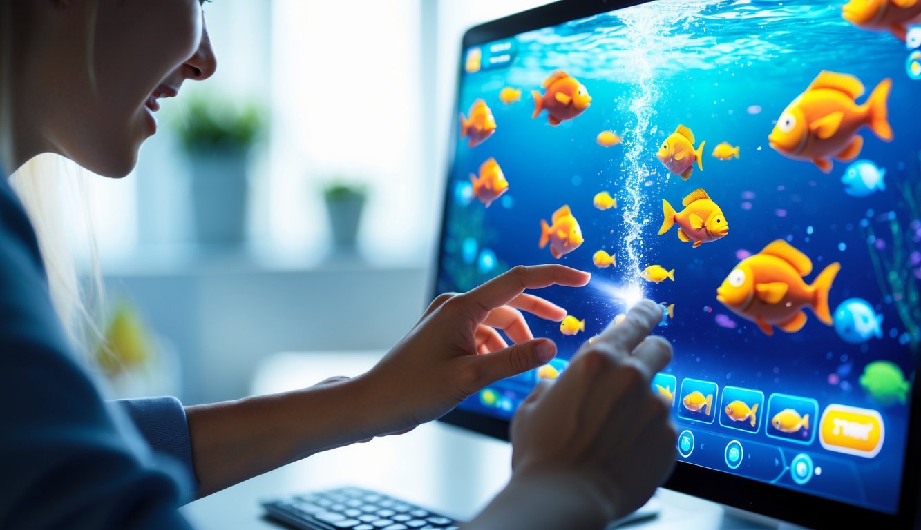 Tangan seseorang sedang bermain game menembak ikan di layar perangkat digital dengan berbagai ikan berwarna-warni di layar.