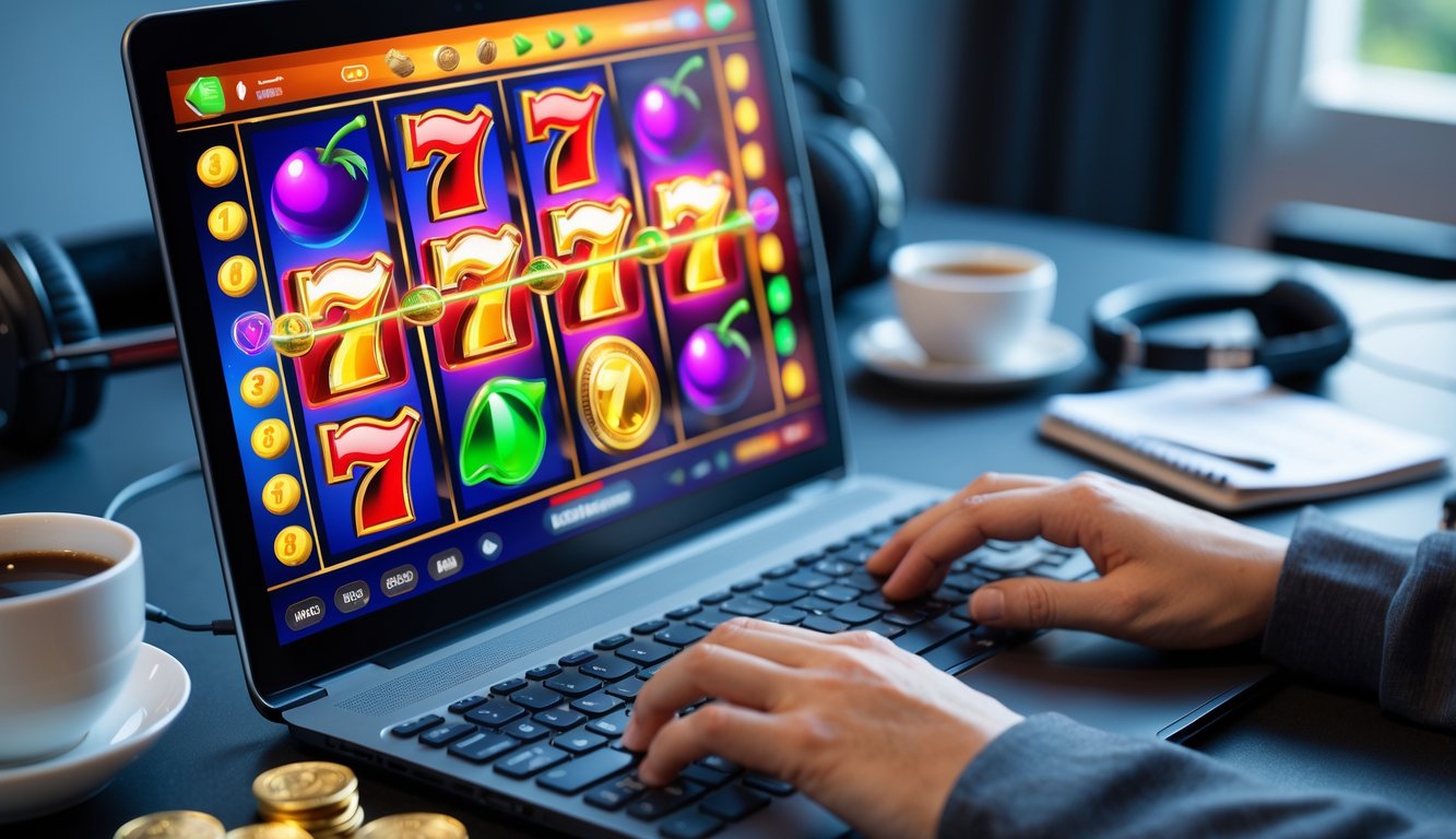 Seseorang bermain permainan slot online di komputer dengan latar belakang ruang kerja yang rapi dan terang.