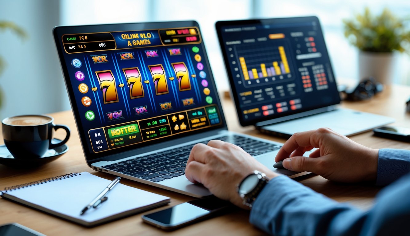 Meja kerja dengan laptop yang menampilkan permainan slot online, tablet dengan grafik strategi taruhan, tangan seseorang sedang menggunakan mouse dan mencatat, dengan kopi dan ponsel di sekitar.