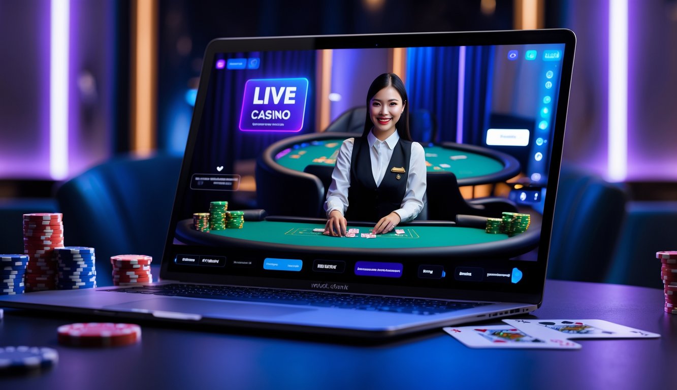 Seorang dealer kasino langsung sedang membagikan kartu di meja hijau dengan komputer yang menampilkan permainan kasino online di latar belakang.