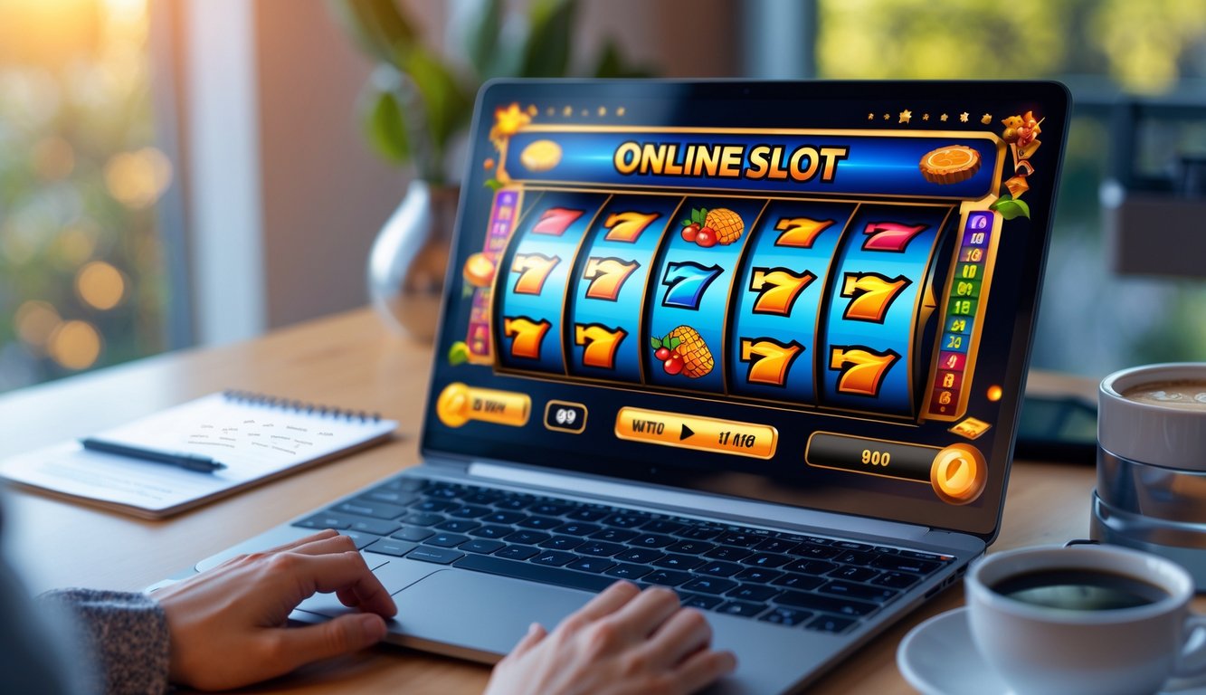 Seseorang sedang bermain game slot online di laptop dengan layar menampilkan mesin slot berwarna-warni, di meja terdapat catatan dan cangkir kopi.