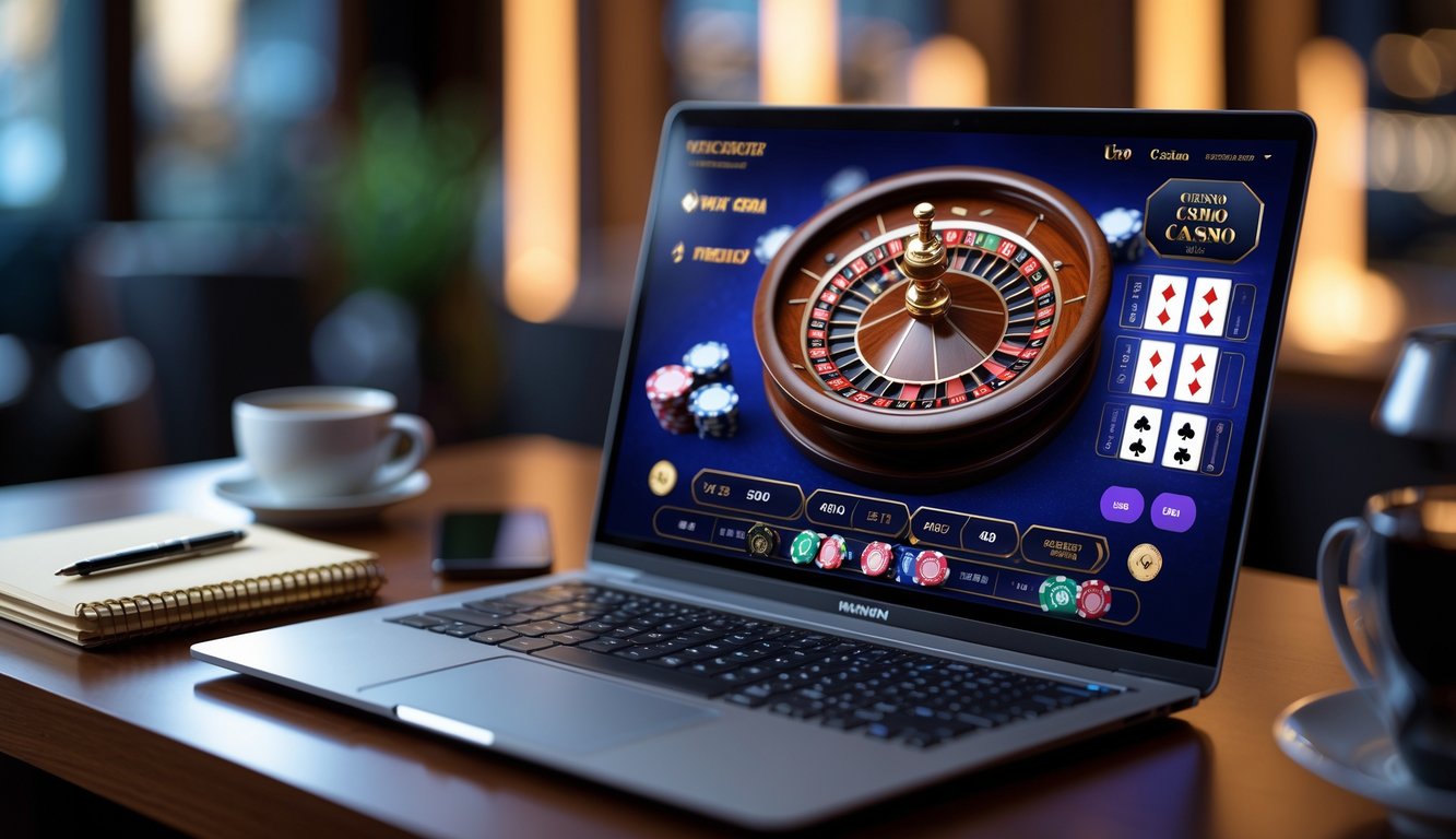 Seorang pemain sedang menggunakan komputer dengan permainan kasino online langsung di layar, dikelilingi oleh catatan, ponsel, dan cangkir kopi di meja.