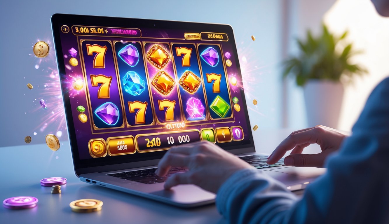 Orang sedang bermain game slot online di komputer dengan layar menampilkan simbol-simbol slot warna-warni dan efek bonus.
