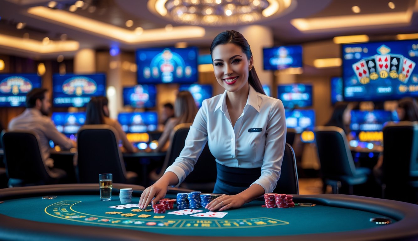 Seorang dealer kasino profesional sedang membagikan kartu di meja permainan dengan layar digital menampilkan permainan kasino online secara langsung di latar belakang.