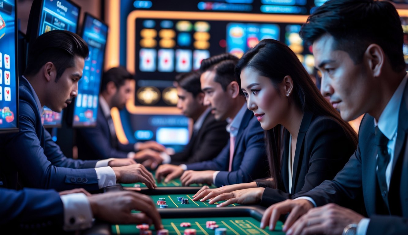 Beberapa pemain yang fokus bermain permainan kasino populer secara online dengan layar dan chip di depan mereka.