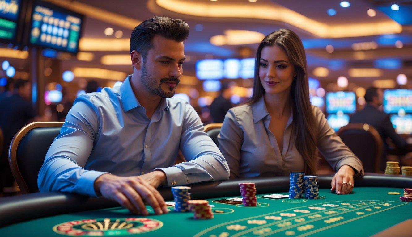 Seorang pria dan wanita duduk di meja kasino dengan chip dan kartu, fokus bermain permainan kasino langsung.