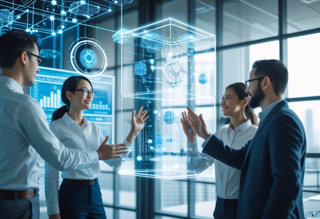 A group of professionals interacting with holographic 3D and 4D data visualizations in a modern office.