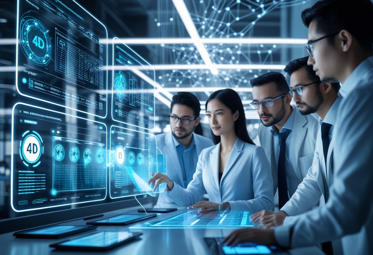 A group of professionals working with futuristic digital screens showing data and AI algorithms related to lottery predictions.