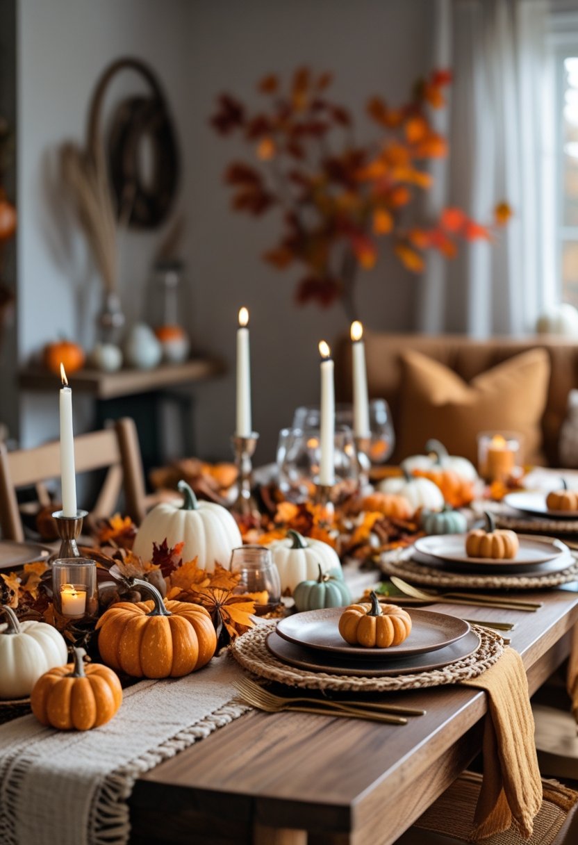 A dining table decorated with mini pumpkins, autumn leaves, candles, and warm fall decor.