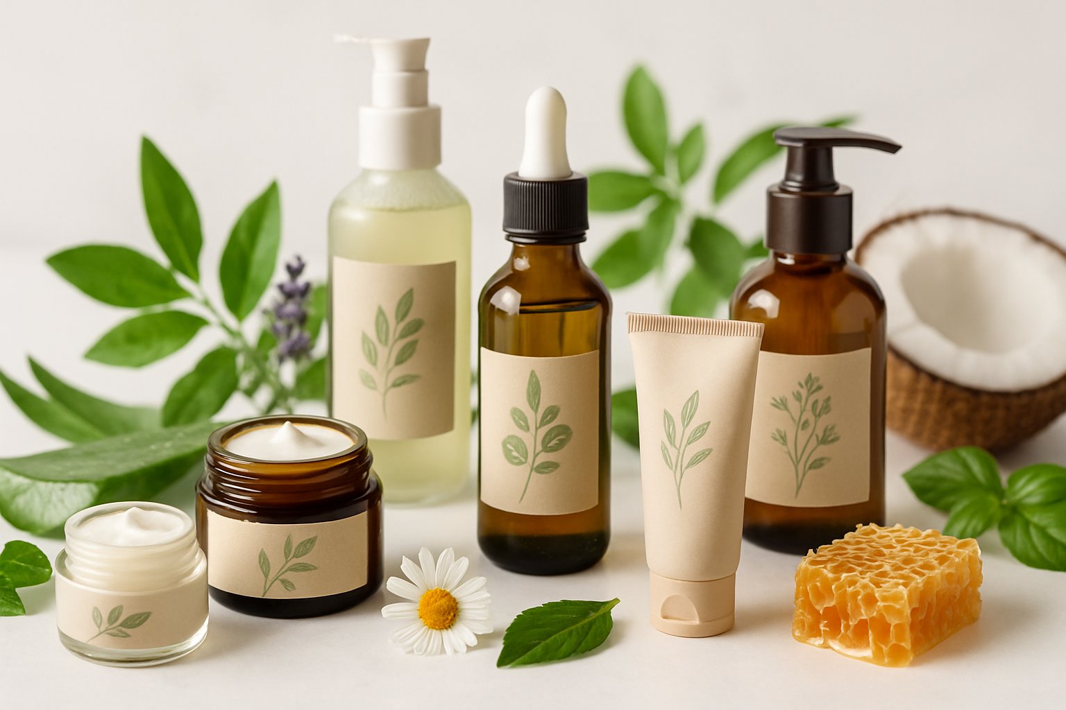 Varios productos cosméticos naturales en envases ecológicos rodeados de hojas verdes y flores sobre un fondo claro.