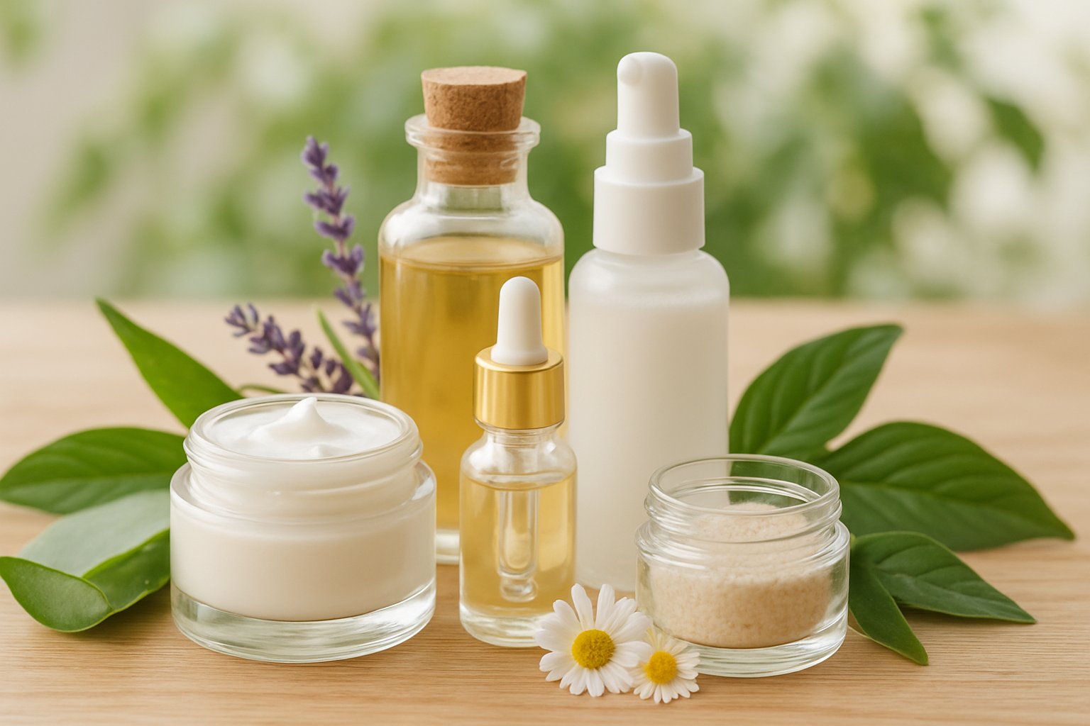 Productos de cosmética natural dispuestos sobre una superficie de madera con plantas y hojas verdes alrededor.