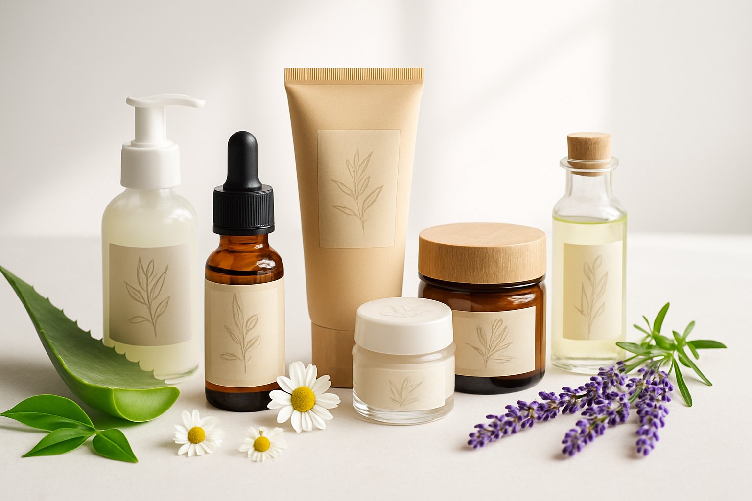 Variedad de productos cosméticos naturales con ingredientes frescos sobre una superficie clara.