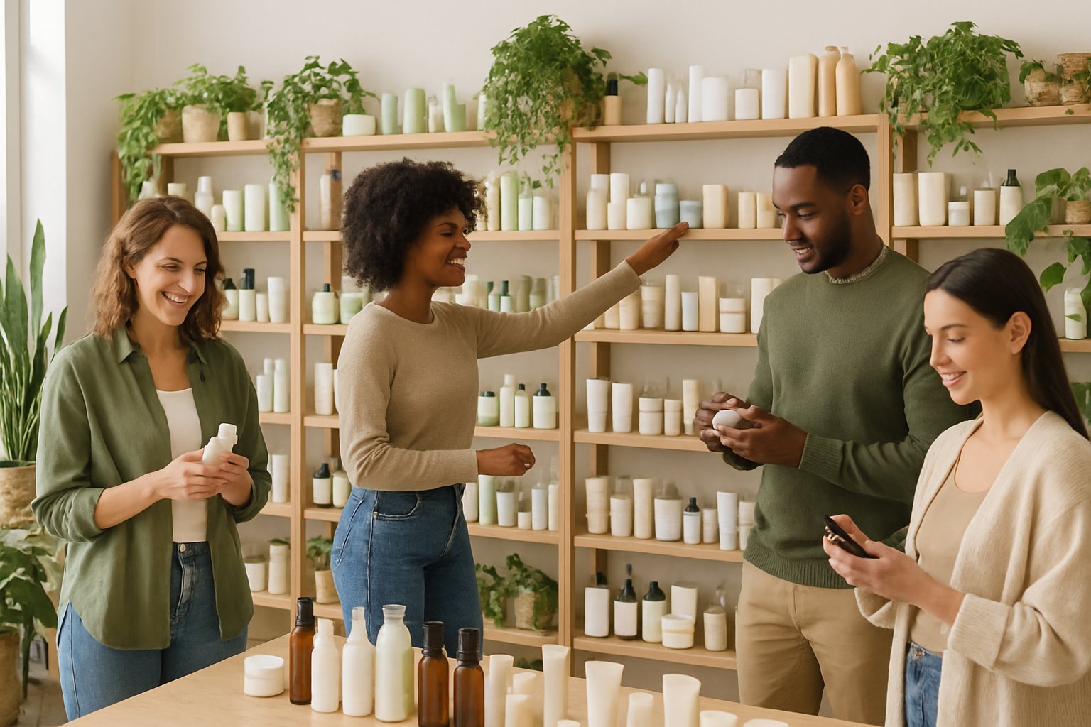 Interior de una tienda moderna de cosmética natural con estantes de productos y clientes explorando.