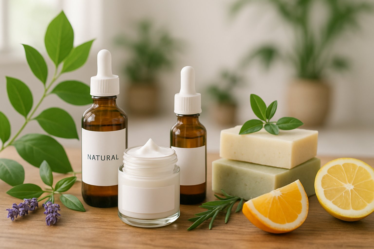 Mesa con productos de cosmética natural y elementos botánicos frescos en un ambiente luminoso y limpio.