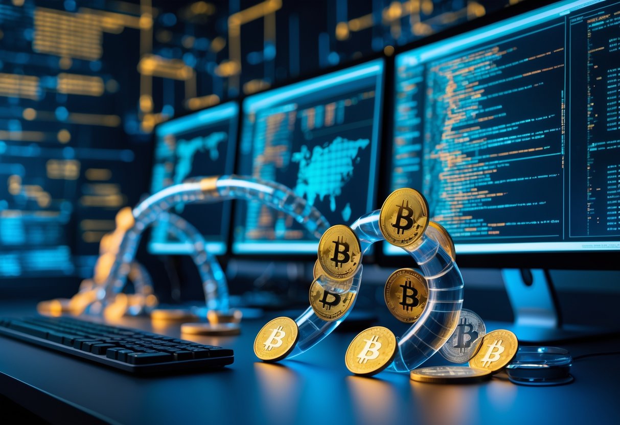 A digital workspace showing Bitcoin coins flowing through interconnected tubes with blockchain data and network nodes in the background.