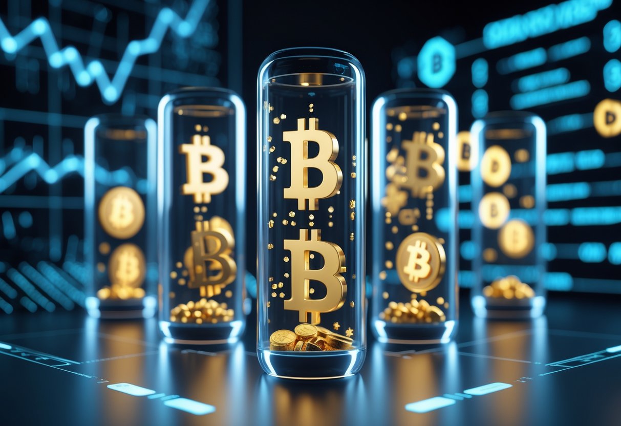 A digital scene showing several transparent containers with glowing Bitcoin symbols swirling inside, set against a dark background with blockchain and technology visuals.