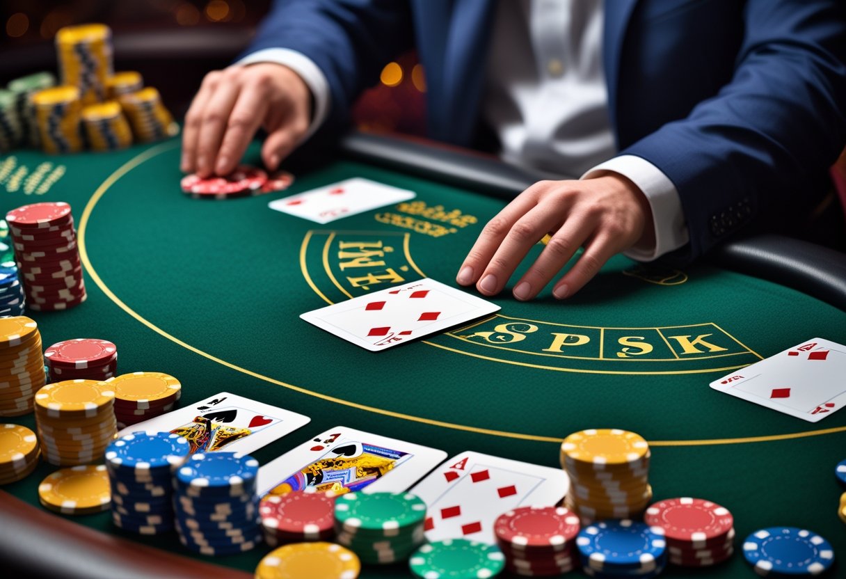A blackjack game with cards and poker chips on a green casino table and a dealer dealing cards.