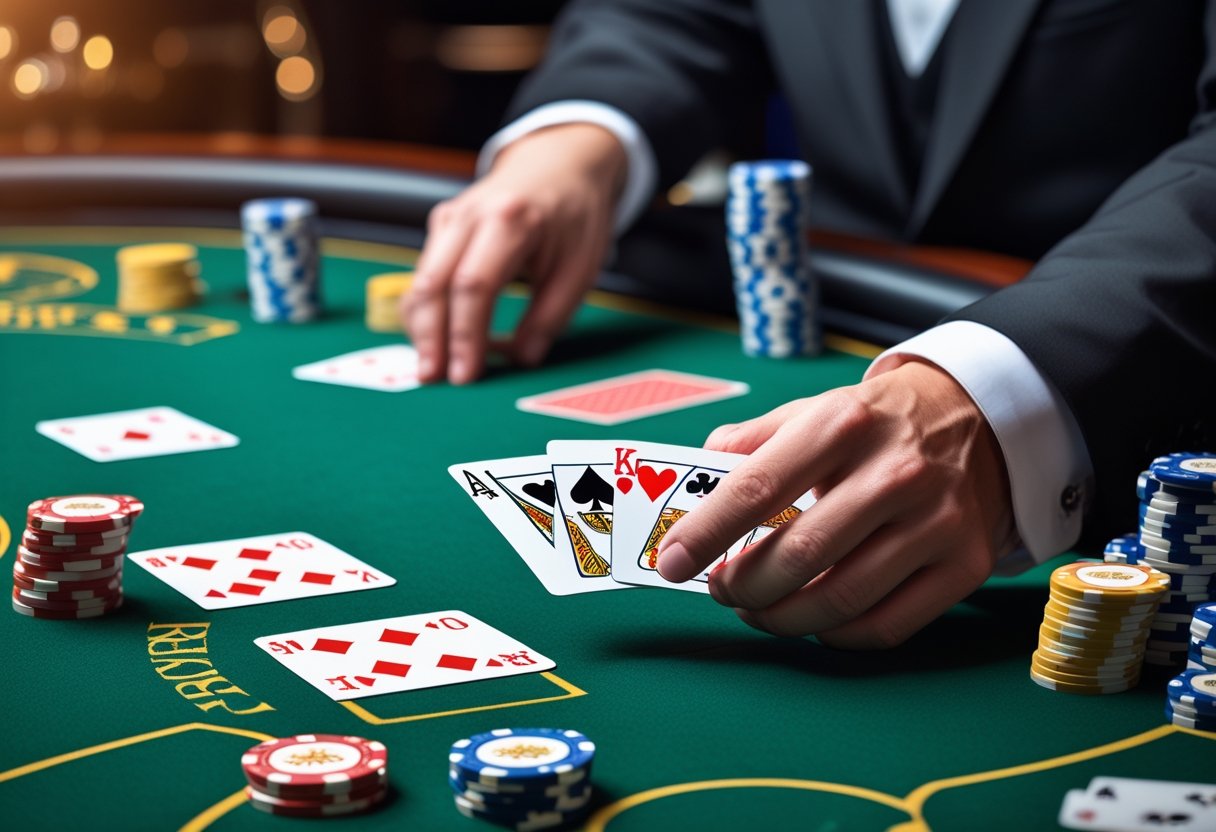 A blackjack table with playing cards and poker chips, showing a dealer dealing cards to players.