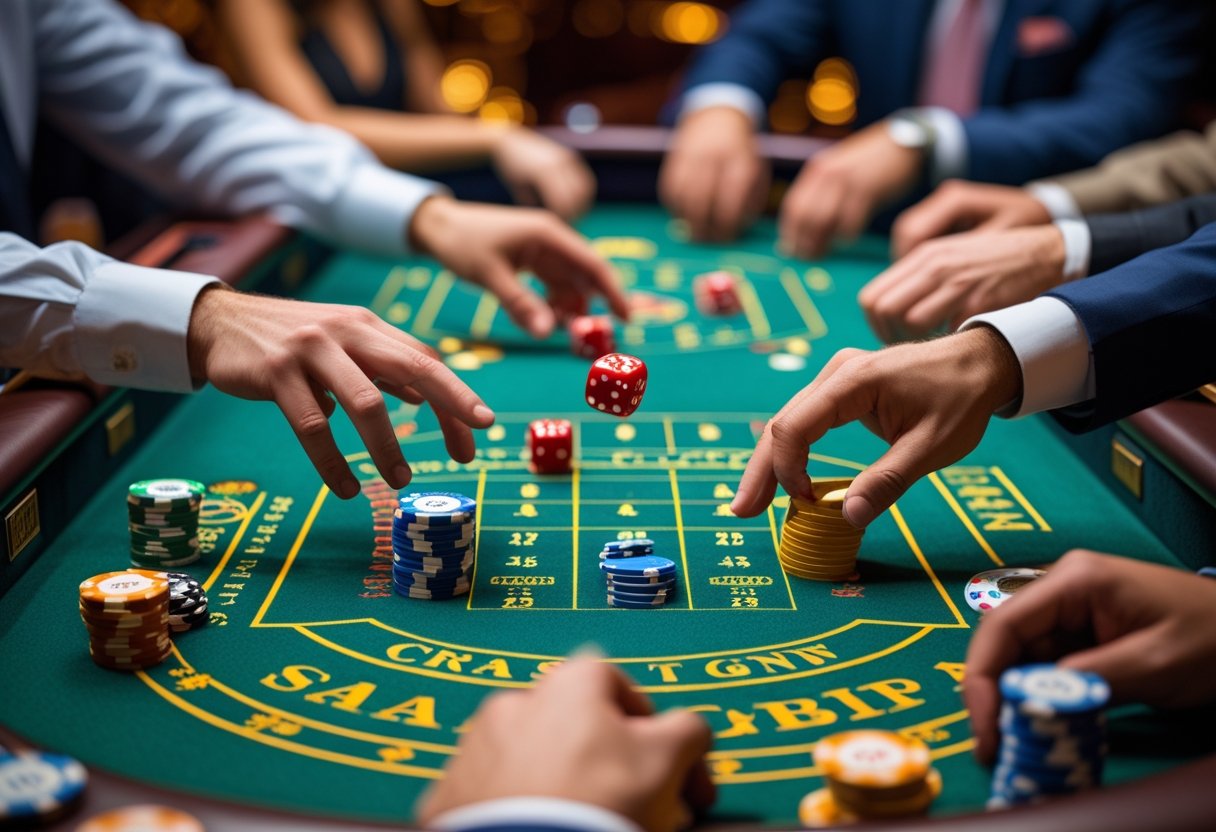 A craps table with players placing bets and dice rolling in the air during a casino game.
