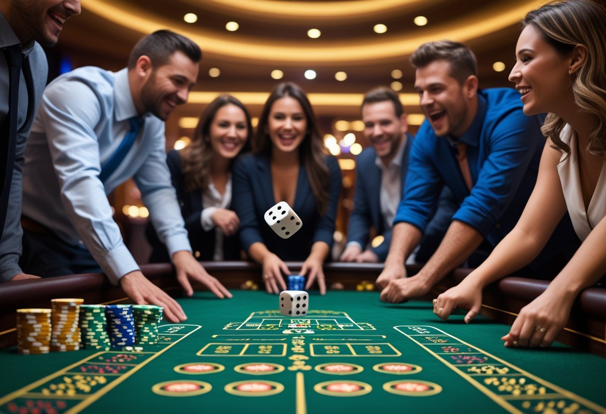People gathered around a craps table with dice being rolled and chips stacked on the table.