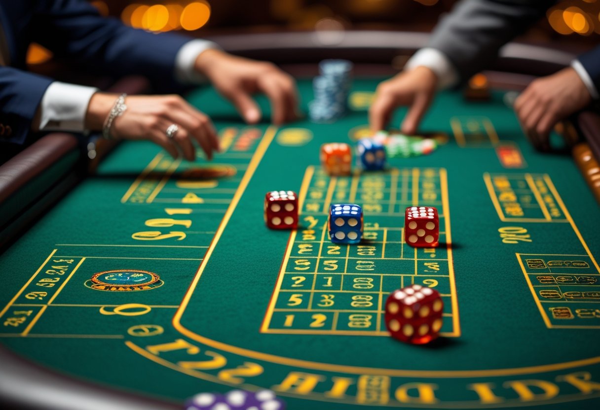 Close-up of a craps table with dice rolling and players placing bets in a casino.