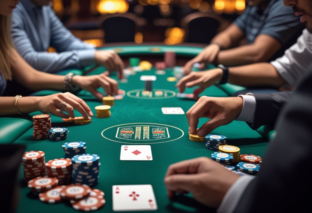 A poker game in progress with players holding cards and poker chips on a green felt table.