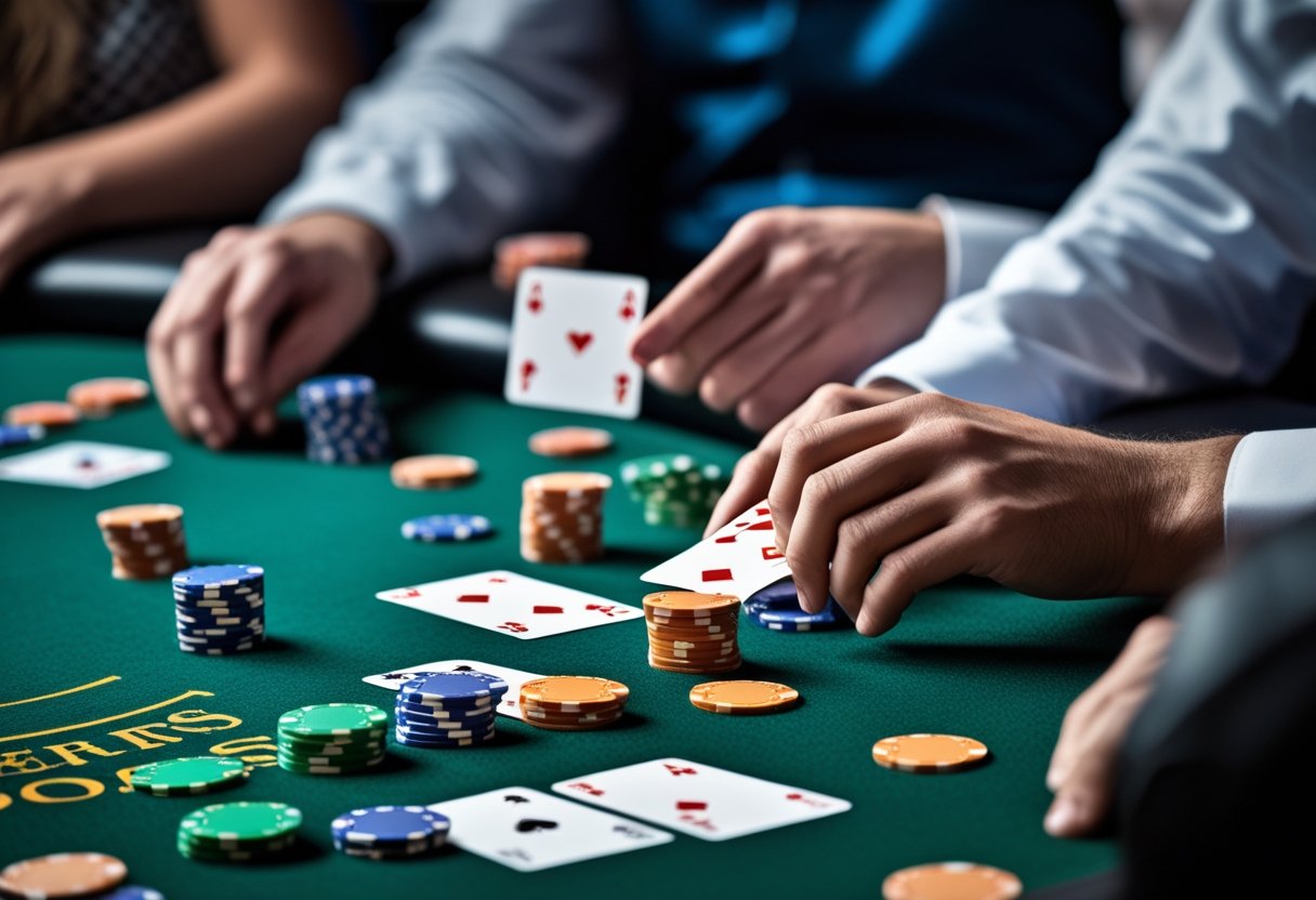 Close-up of a poker table with playing cards and poker chips, showing players' hands during a game.