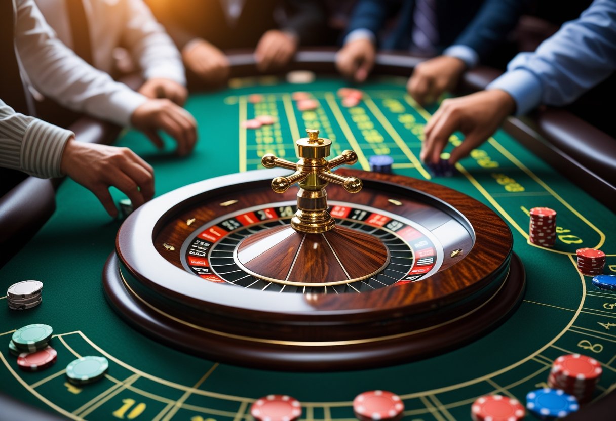 A roulette wheel spinning on a green felt table with players placing chips around it.
