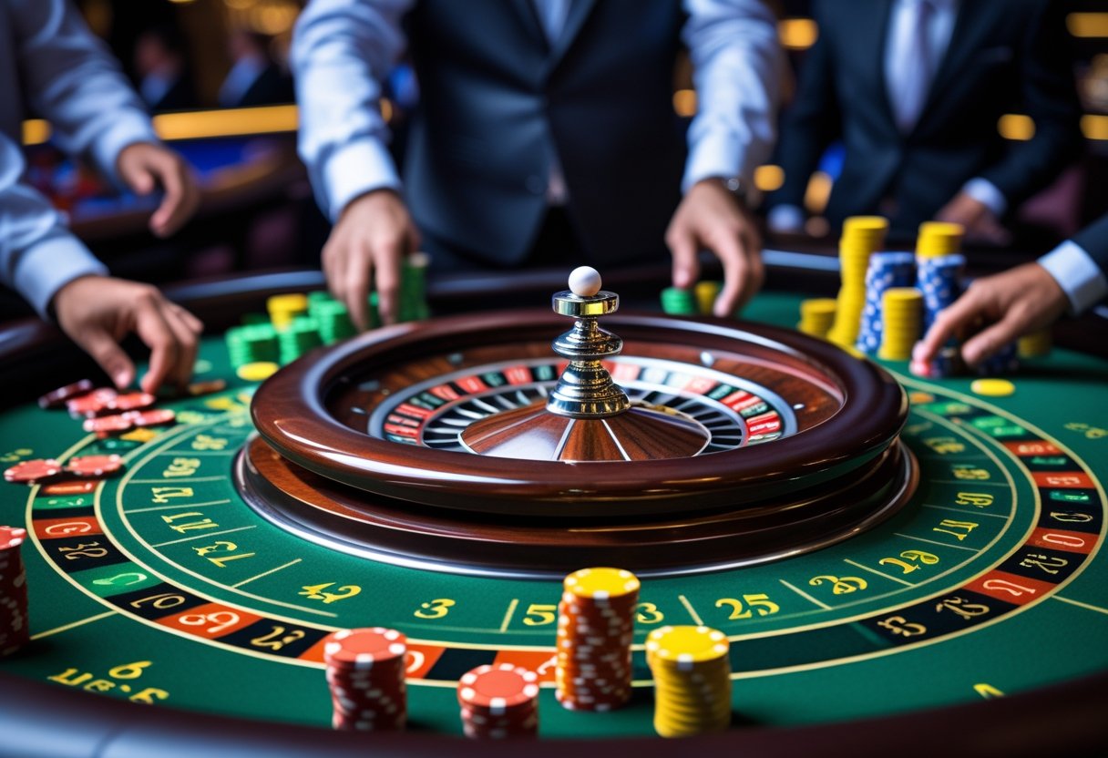 A close-up of a spinning roulette wheel with players placing chips on a betting table in a casino.