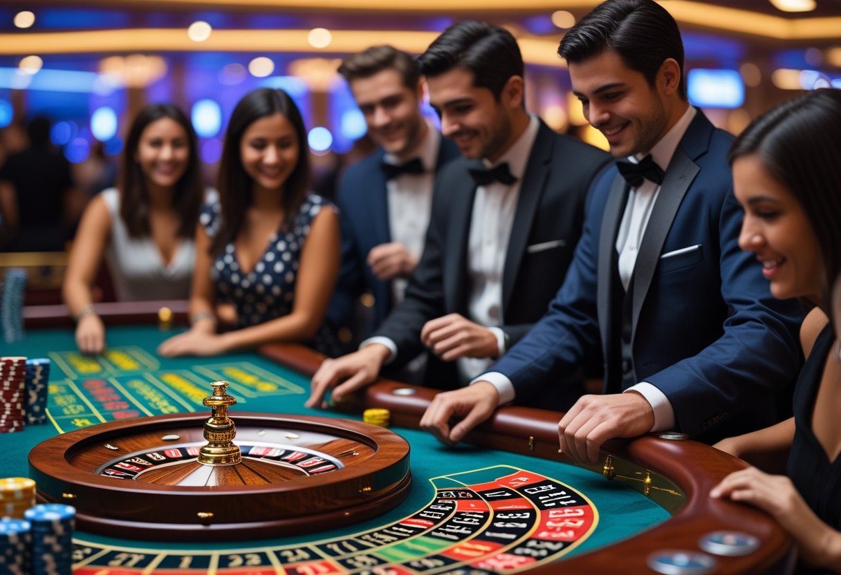 A group of people playing live roulette at a casino table with a spinning roulette wheel and chips.