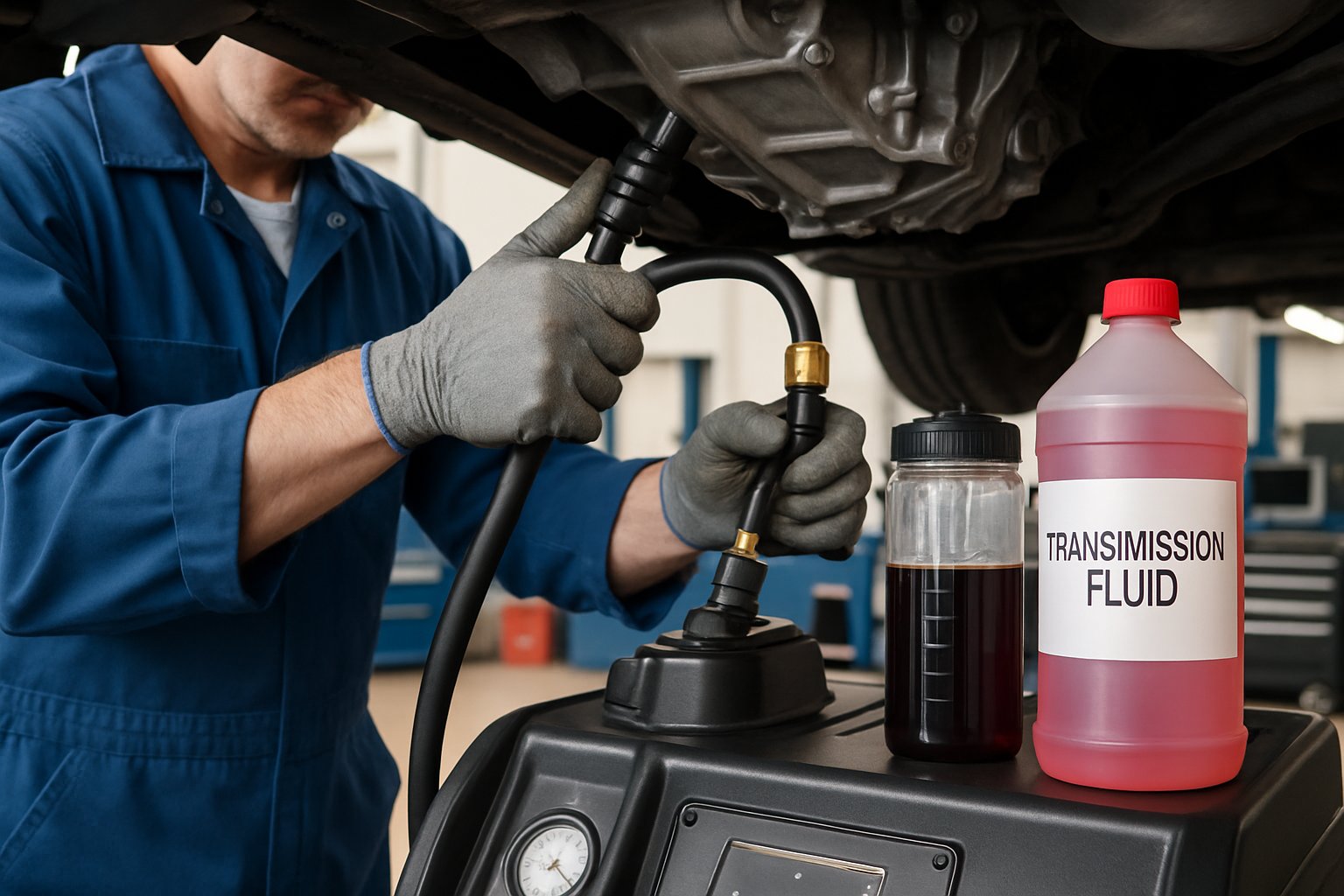 A mechanic performing a transmission fluid flush on a car, draining old fluid and preparing to add new fluid in a clean workshop.