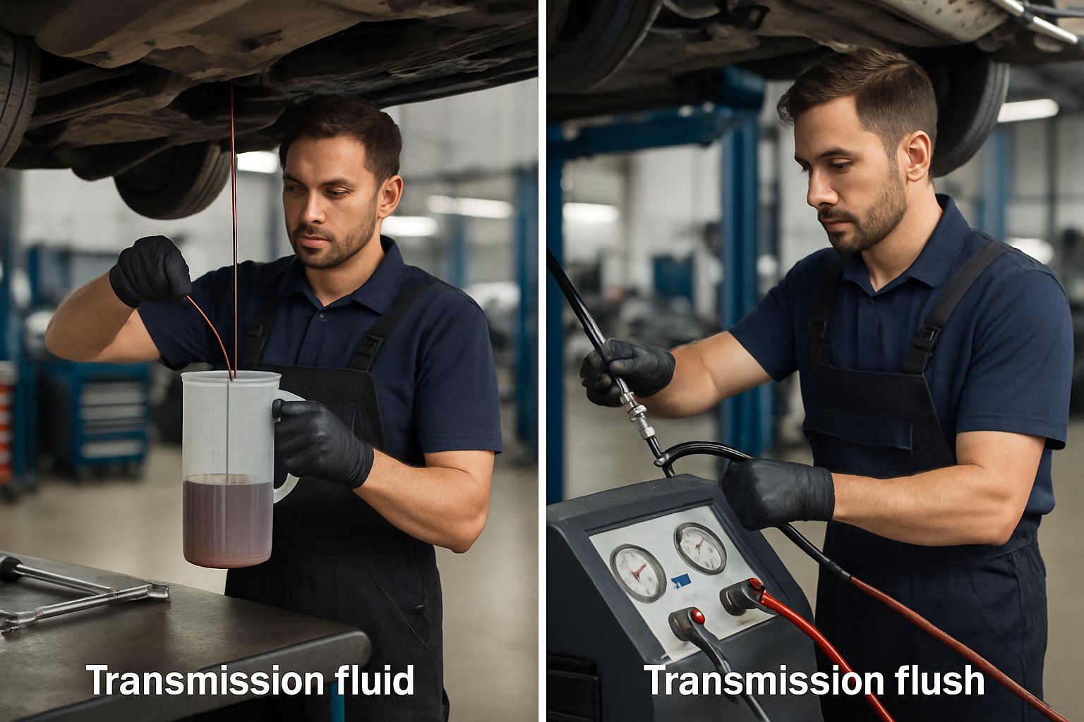 Two mechanics performing transmission fluid maintenance side by side in an auto repair shop, one changing fluid by draining it and the other using equipment for a fluid flush.