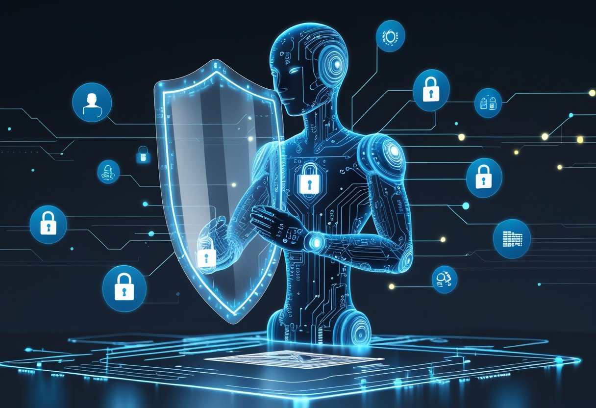 A humanoid AI figure holding a transparent shield surrounded by floating data icons and encrypted locks in a digital environment.