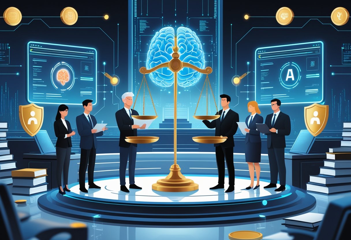 A digital courtroom scene showing a balanced scale with an AI brain on one side and a privacy shield on the other, surrounded by professionals discussing AI data privacy regulations.