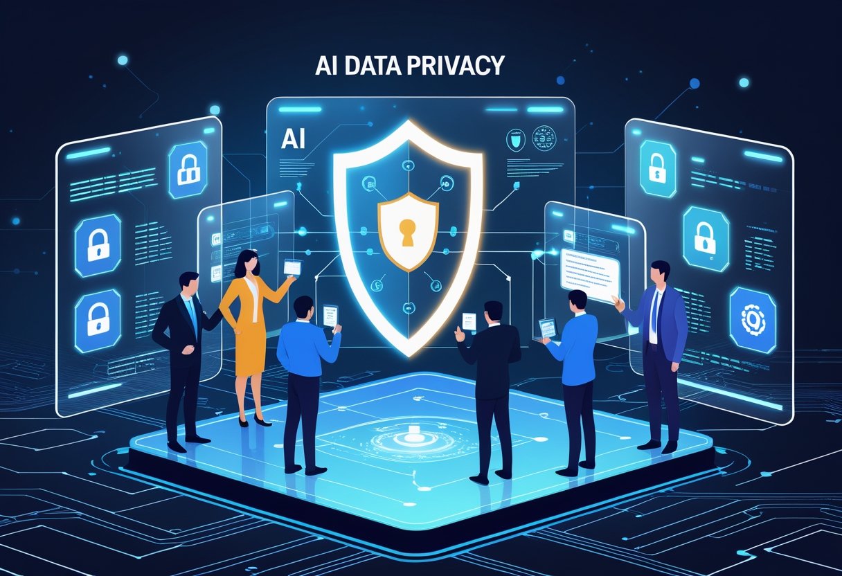 A digital scene showing a glowing shield surrounded by holographic icons of AI, encryption, and secure networks, with professionals interacting with floating interfaces.