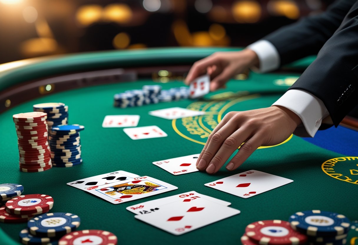 A blackjack game in progress showing playing cards and poker chips on a green casino table with a dealer's hands about to deal a card.