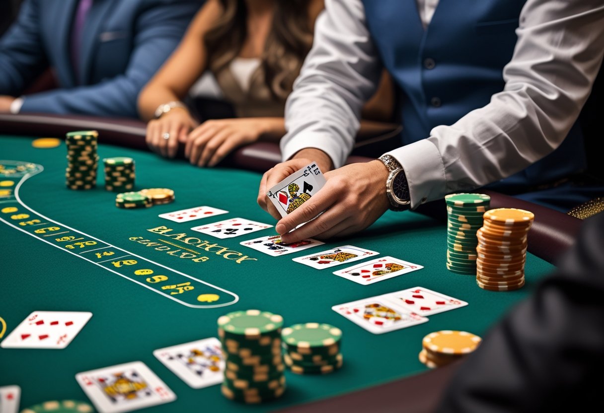 A blackjack table with playing cards and chips being dealt to players by a dealer.