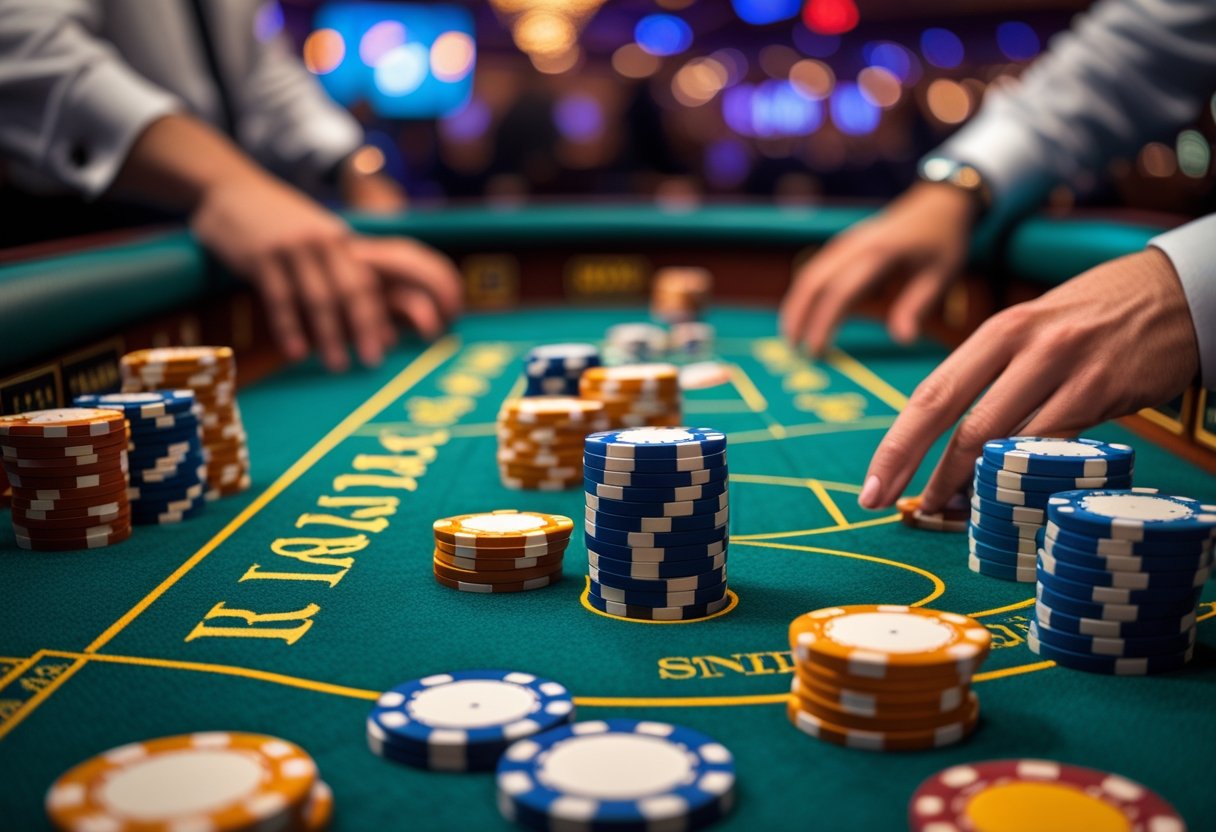 A craps table with dice rolling and chips stacked, surrounded by players' hands in a casino setting.