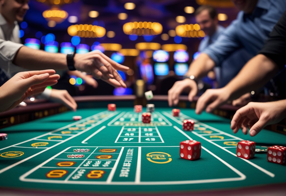 A group of people playing craps at a casino table with dice in mid-air and chips on the green felt surface.