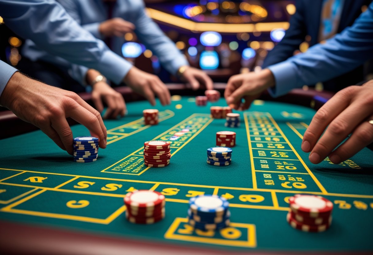 A craps table with players placing chips and rolling dice in a casino setting.