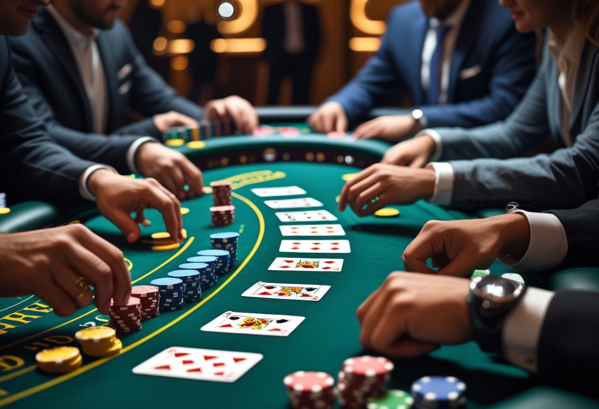 A poker game in progress with players holding cards and poker chips on a green felt table in a casino setting.
