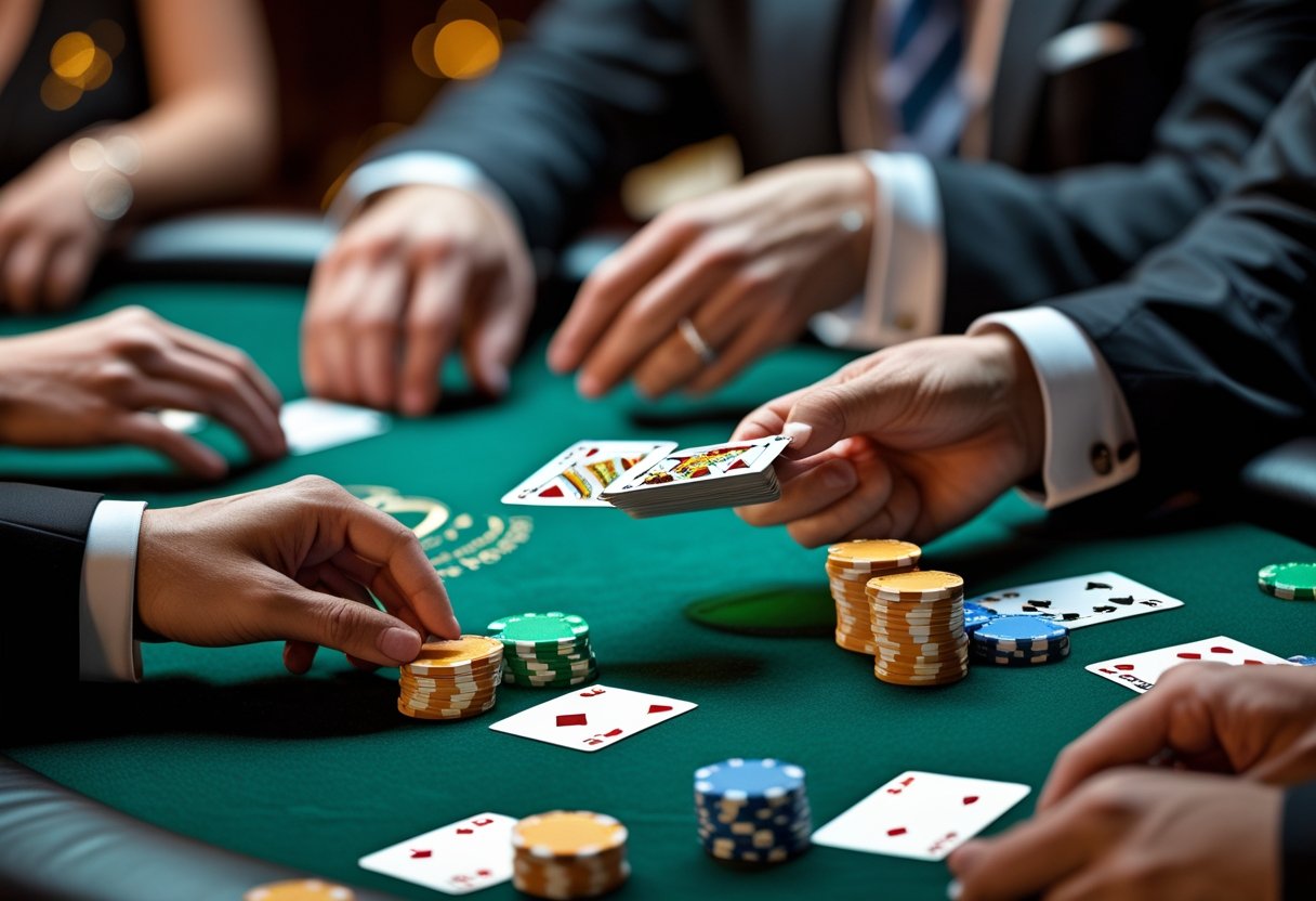 A poker table with players holding cards and stacks of poker chips during a game.